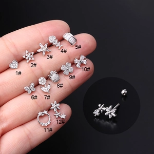 Helix Stud Earrings Stainless Steel Copper Zircon Screw Ball Back Piercing Jewelry Flower Heart Butterfly Star For Women