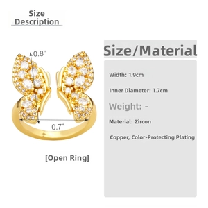 Detailed dimensions of the gold butterfly ring showing 1.9cm width and zircon material