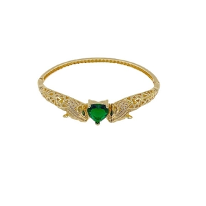 18K gold plated bangle featuring a green heart gem and pave diamond leopard heads