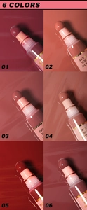 Close-up of 6 vibrant liquid lip gloss shades with soft sponge applicators for smooth finish