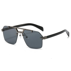Square rimless metal sunglasses for men with dark grey lenses and gunmetal double bridge