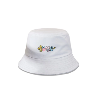 Detail of white cotton bucket hat featuring a colorful LOVE print with bow-eared cartoon motif