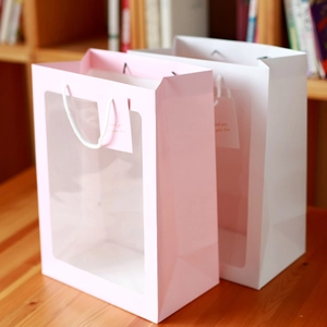 Sacs cadeaux élégants rose et blanc avec grande fenêtre transparente et poignées solides