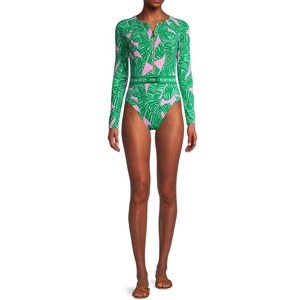 Detail of floral long sleeve surfing swimsuit featuring front zipper and buckled waist belt