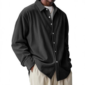 Men's loose fit corduroy long sleeve shirt in dark grey with classic button-down collar