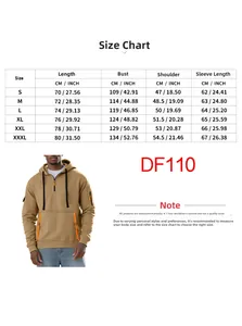 Tabella taglie dettagliata per felpa da uomo con cappuccio e misure in CM e POLLICI per S-3XL