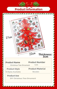 Detail view of DIY wooden Christmas tree packaging with dimensions and ornaments