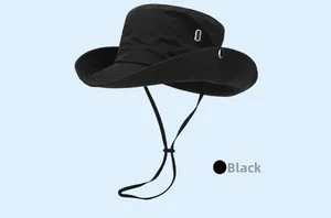 Detail of black waterproof hiking hat with wide brim, chin strap and side air vents