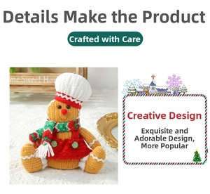 Detail of a knitted gingerbread man doll with a chef hat and red polka dot skirt