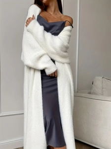 Cardigan Lungo In Maglia Cappotto Donna Velluto Di Visone Sintetico Peluche Soffice Oversize Aperto Davanti Manica Lanterna