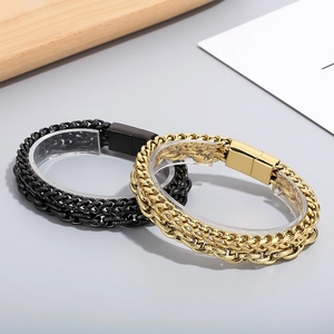 Detail of double-layer stainless steel Cuban chain bracelet with magnetic clasp