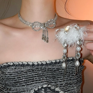 Detail of luxury silver bow necklace with crystals and elegant feather shoulder brooch