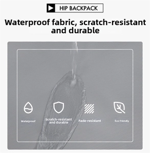 Detail of waterproof grey fabric with water droplets on durable laptop backpack surface