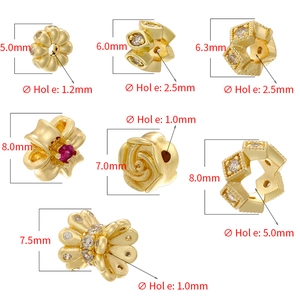 18K gold-plated copper spacer beads with zircon in floral, star, and geometric shapes