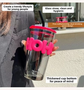 Detail of glass tumbler featuring a double drinking lid design and a thick base