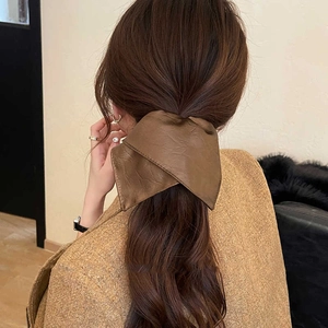 Vintage dark brown faux leather hair tie with square pleated texture for women