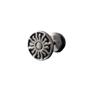 Polished silver stainless steel round stud earring with embossed sun pattern for men