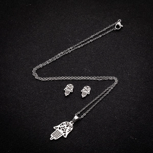 Silver Hamsa Hand jewelry set featuring stainless steel necklace and stud earrings
