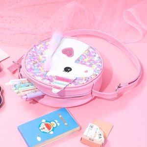 Pink sequin unicorn crossbody bag for girls with rainbow details and cute unicorn pattern