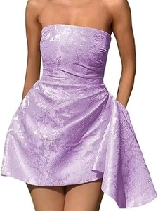 Chic lavender floral jacquard strapless mini dress with elegant asymmetrical drapery detail