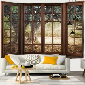 Scenic forest landscape tapestry with 3D wood window frame for wall decoration