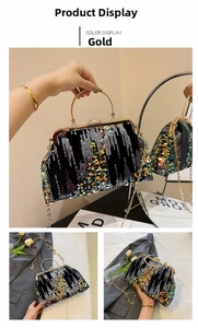 Detail of evening bag with black sequins, gold arc handle, and vintage clasp closure