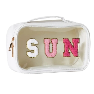 Borsa trucco bianca con lettere SUN in ciniglia glitterata e finestra trasparente frontale