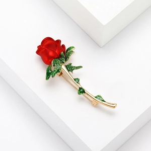 Elegant retro red rose brooch with green leaves and gold stem for women's fashion