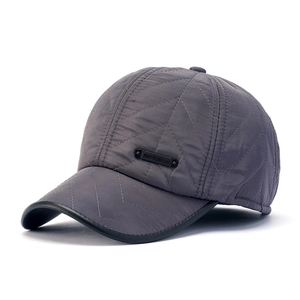 Winter men's dark gray quilted baseball cap with ear protection and warm fleece lining