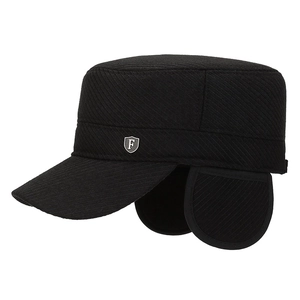 Black winter cadet cap for men with warm ear flaps and silver shield logo detail