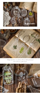 Macro detail of transparent PET stickers featuring vintage perfume bottle and flora designs