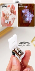 Macro detail of white crystal stone LED string light with battery box and toggle switch