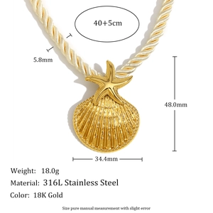 Gold plated 316L stainless steel rope chain necklace with starfish and shell pendant