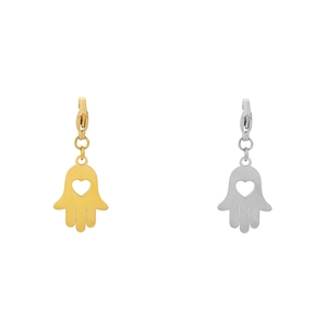 Hamsa hand pendants with heart cutouts in gold and silver finish on lobster clasps