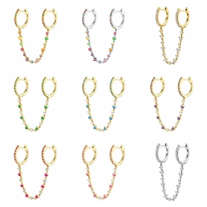 Colorful Cubic Zirconia Connected Double Hoop Earrings With 925 Sterling Silver Earring Post Copper Fashion Jewelry