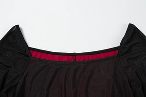 Detail of square neckline featuring black mesh overlay and magenta satin lining