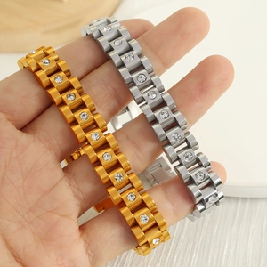 Luxurious titanium steel watch-style bracelet with white diamonds in gold and silver finish