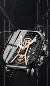 Detailed close-up of octagonal black stainless steel watch with luminous gold hands