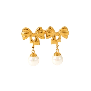 Elegant 18k gold plated stainless steel bow earrings with hanging white pearls