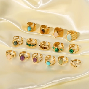 Vintage 18k gold plated stainless steel rings set with emerald and natural stones