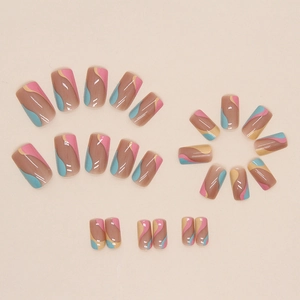 Medium square press-on nails featuring minimalist wavy lines in pink, blue and yellow