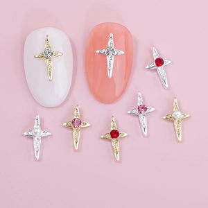 Cross nail art charms with colorful rhinestones on gold and silver metal bases