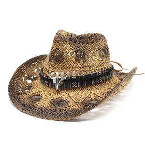 Chapeau De Cowboy En Paille Western Ajouré Respirant Ruban Ethnique Tête De Taureau Protection Solaire Vintage Outdoor