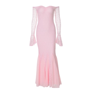 Detail of elegant pink lace evening dress with off-shoulder neckline and mermaid hemline
