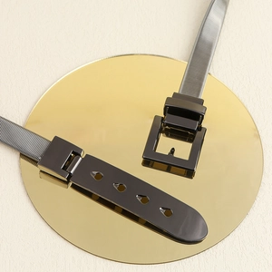 Detail of silver spring metal belt featuring a black square buckle on a gold reflective disc