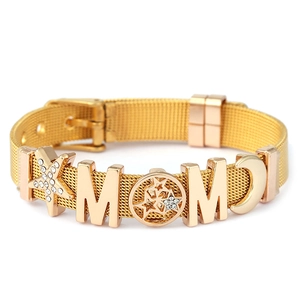 Gold mesh bracelet with MOM lettering and sparkling star and moon charms