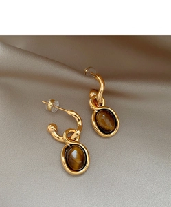 Macro shot of gold-plated oval tiger eye earrings on a champagne satin background