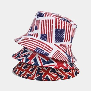 Reversible bucket hats with vintage US and UK flag prints in a stacked arrangement