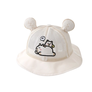 Breathable beige baby sun hat with cute 3D bear ears and animal embroidery details