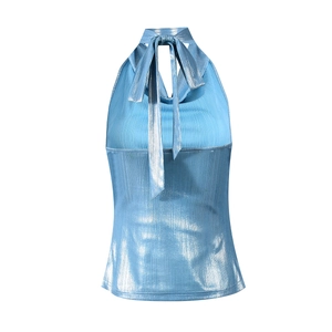 Detail of light blue metallic cowl neck top showing lustrous ribbed fabric and tie neck